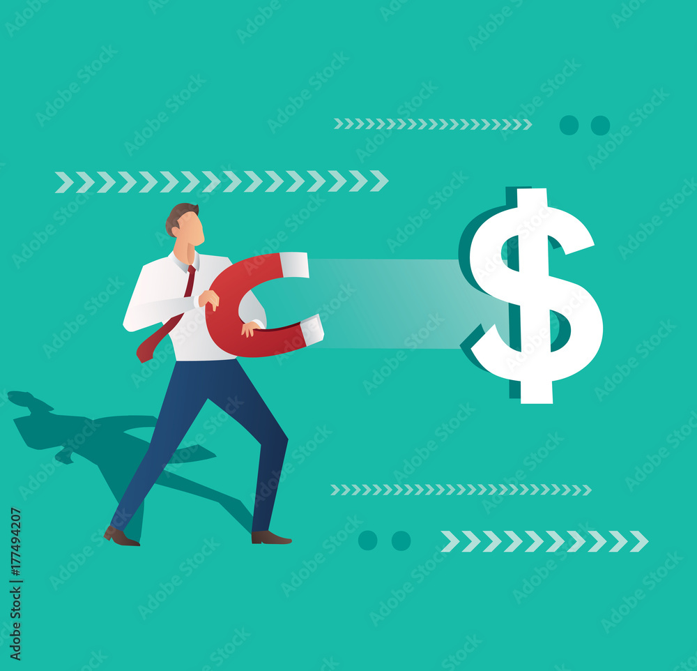 business concept. businessman attracting dollar icon with magnet vector illustration business concept. businessman attracting dollar icon with magnet vector illustration