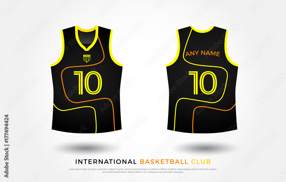 basketball t-shirt design uniform set of kit. basketball jersey template.  black, yellow and orange color, front and back view shirt mock up. Vector  Illustration Stock Vector | Adobe Stock