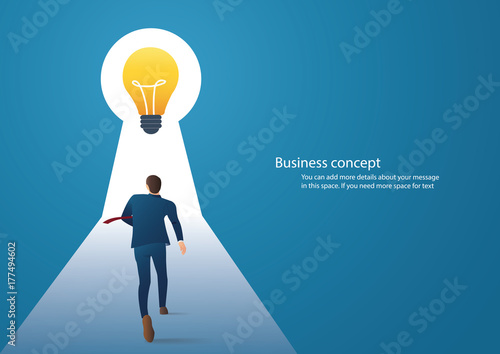 Business concept illustration of a businessman walking to light bulbs in keyhole