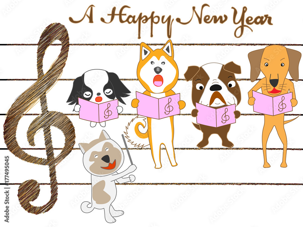 Fototapeta premium ２０１８年の年賀状素材の犬のコンサート。