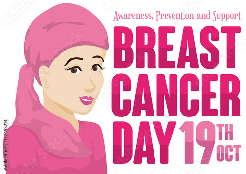 Beautiful Woman with Headscarf Promoting Breast Cancer Day in October, Vector Illustration