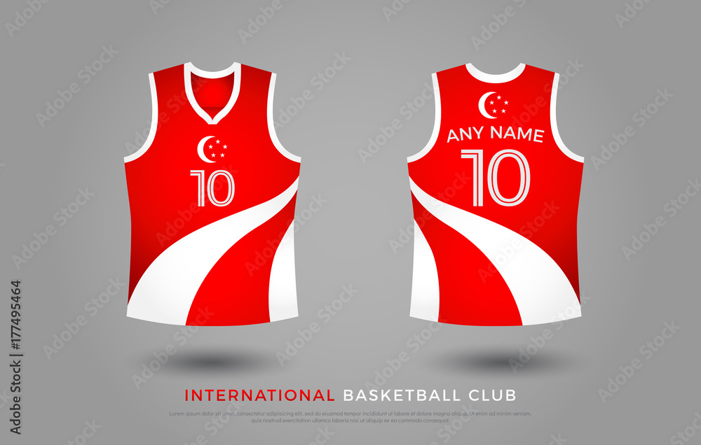 basketball t-shirt design uniform set of kit. basketball jersey template.  red and white color, front and back view shirt mock up. Singapore basketball  club vector illustration Stock Vector | Adobe Stock