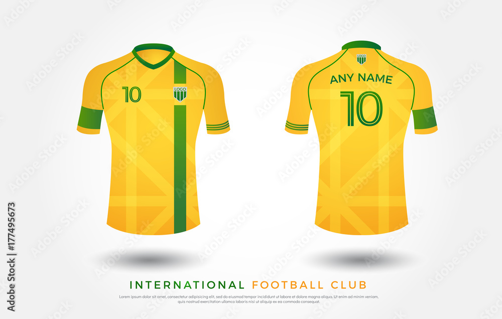 soccer t-shirt design uniform set of soccer kit. football jersey template  for soccer club. yellow and green color, front and back view shirt mock up. australia  football club vector illustration Stock Vector