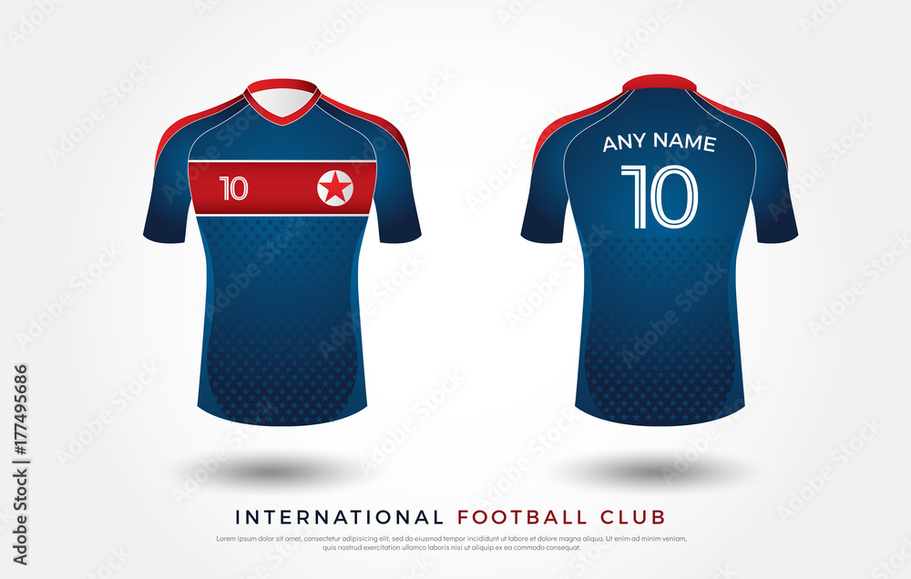 soccer t-shirt design uniform set of soccer kit. football jersey template.  white, blue and red color, front and back view shirt mock up. north korea  football club vector illustration vector de Stock