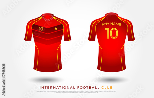 soccer t-shirt design uniform set of soccer kit. football jersey template for soccer club. red and yellow color, front and back view shirt mock up. vietnam football club vector illustration