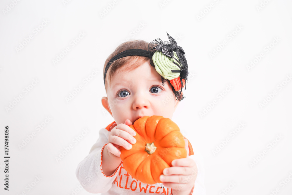 Baby dressed up in Orange Festive Halloween Outfit Baby dressed up in Orange Festive Halloween Outfit