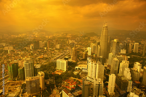 Aerial View Kuala Lumpur city skyline sunset