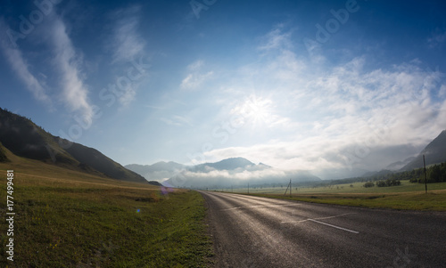 Road in sunrise time, Ailai mountains, Russia