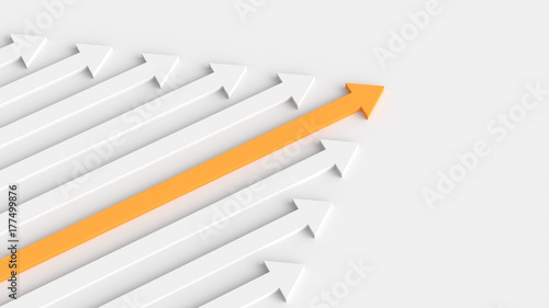 Leadership, success, and teamwork concept, orange leader arrow leading white arrows. 3D Rendering. photo