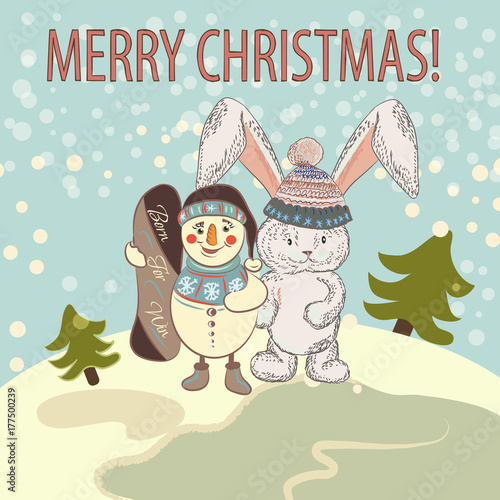 Christmas card with snowmens in vintage style