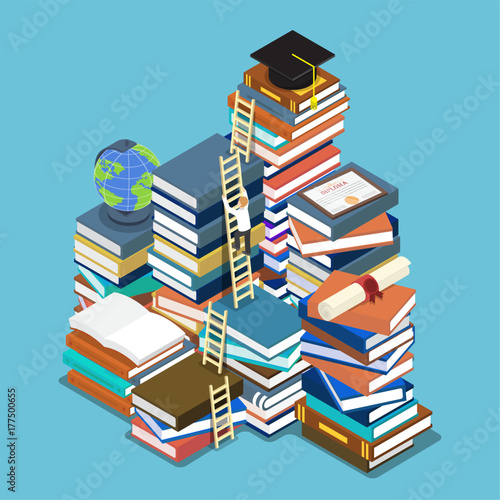 Isometric businessman climbing ladder to graduation cap.