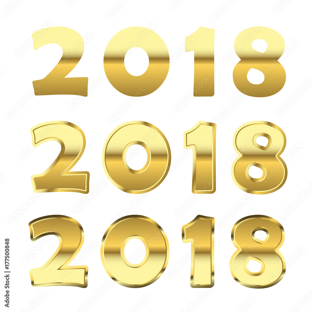 Happy New Year golden numbers. Gold numbers 2018 on white background. Christmas and New Year design. Symbol of holiday, celebration. Luxury golden texture. Vector illustration Happy New Year golden numbers. Gold numbers 2018 on white background. Christmas and New Year design. Symbol of holiday, celebration. Luxury golden texture. Vector illustration