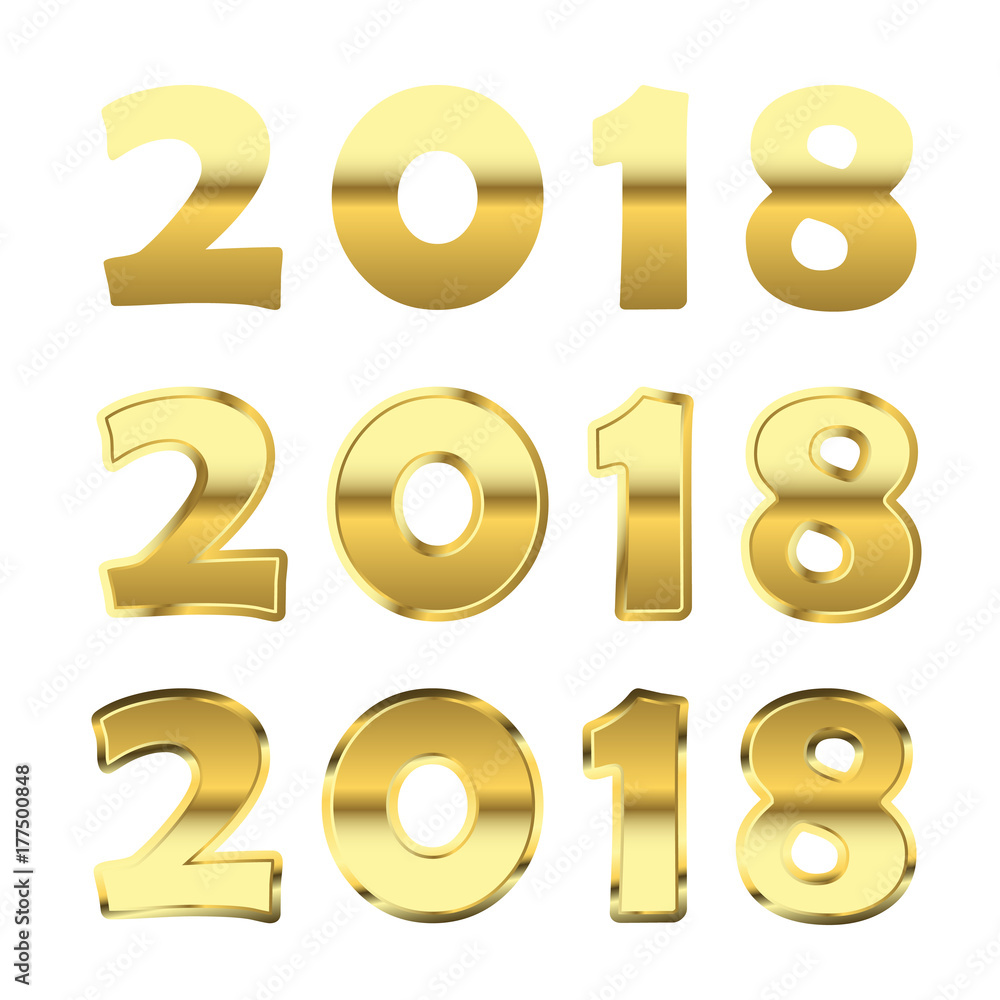 Happy New Year golden numbers. Gold numbers 2018 on white background. Christmas and New Year design. Symbol of holiday, celebration. Luxury golden texture. Vector illustration