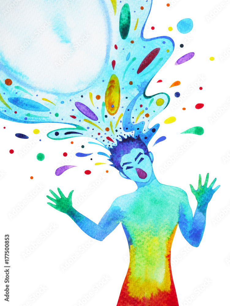 human head, power splash inspiration abstract thought, world, universe inside your mind, watercolor painting