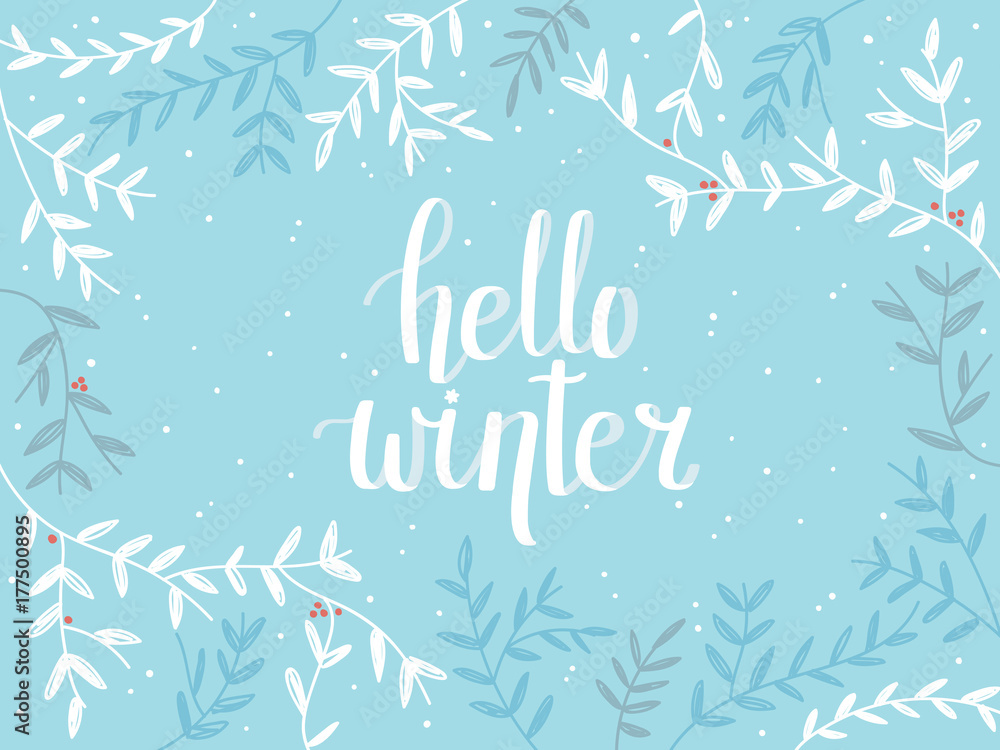 Hello Winter Calligraphy on Blue Background Hello Winter Calligraphy on Blue Background