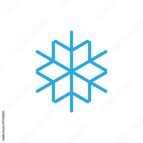 Snowflake icon. Blue silhouette snow flake sign, isolated on white background. Flat design. Symbol of winter, frozen, Christmas, New Year holiday. Graphic element decoration. Vector illustration