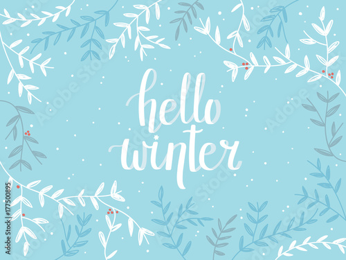 Hello Winter Calligraphy on Blue Background