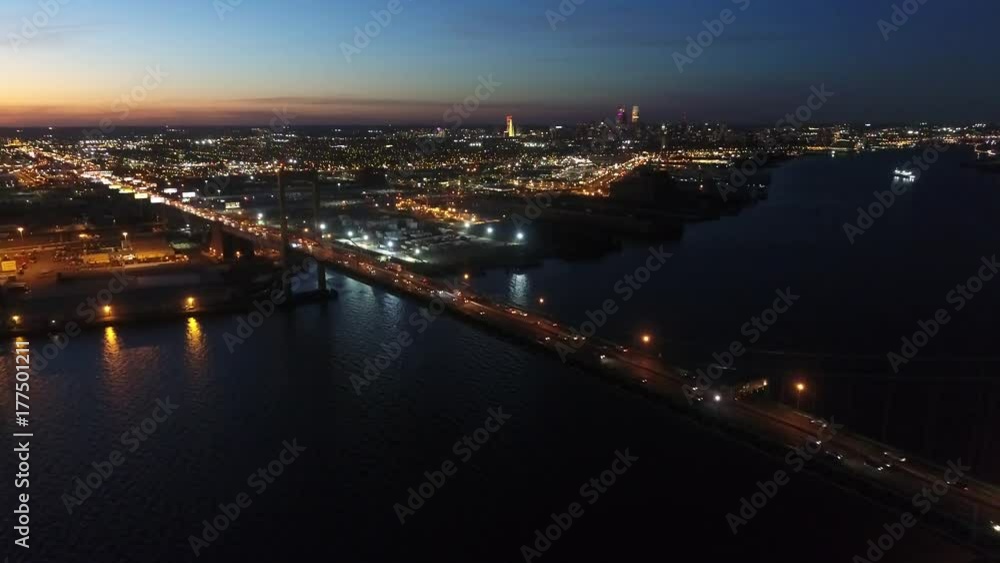 Aerial View Flying Through South Philadelphia Towards Center City at Night Aerial View Flying Through South Philadelphia Towards Center City at Night