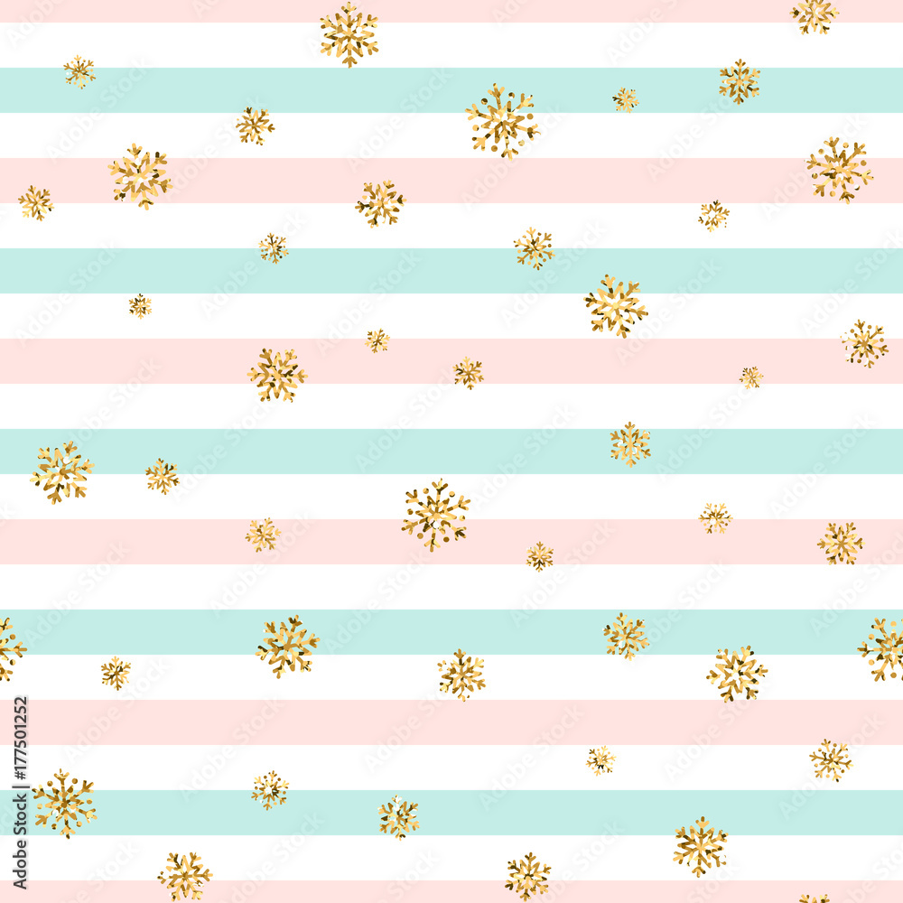 Christmas gold snowflake seamless pattern. Golden glitter snowflakes on blue pink white line background. Winter snow texture design wallpaper Symbol holiday New Year celebration Vector illustration