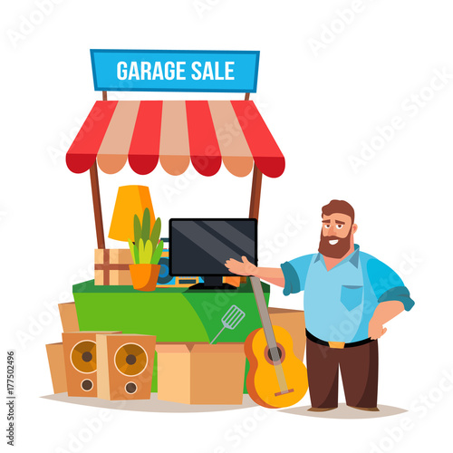 Yard Sale Vector. Man Having A Garage Sale. Isolated On White Cartoon Character Illustration
