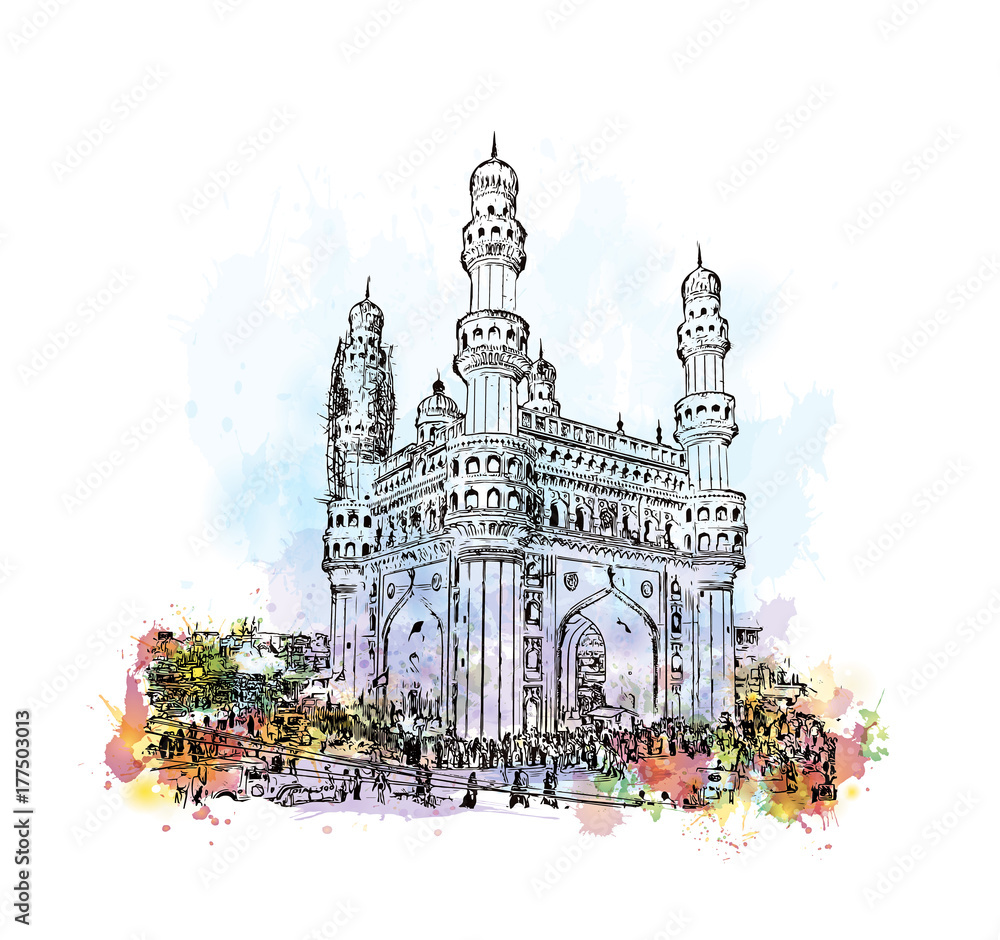 Watercolor sketch with splash of Charminar Hyderabad Telangana India in vector illustration.