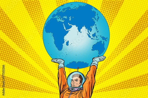 Retro astronaut is holding the planet Earth