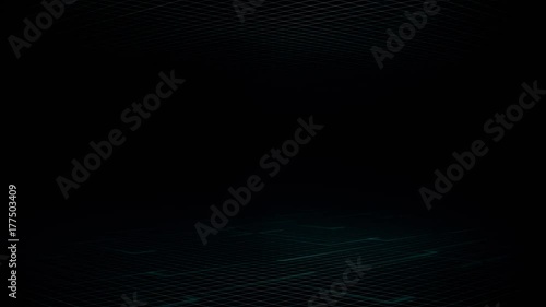 the dark background of the metal mesh and the moving light lines