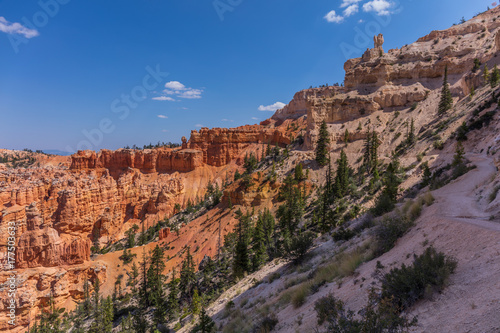Beautiful landscape. Green pine-trees on rock slopes. Scenic view of the canyon. Bryce Canyon National Park. Utah. USA © khomlyak