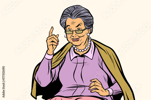 elderly woman pointing finger up, isolated on white background