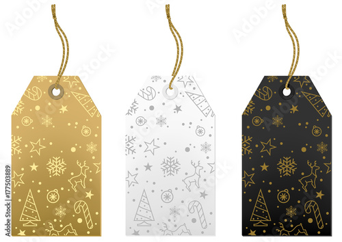 Merry Christmas Tags Set - Gold, White and Black Illustration, Vector