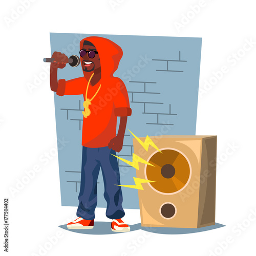 Professional Rapper Vector. Male Singer With Microphone. Cartoon Character Illustration