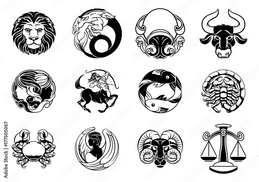Zodiac astrology horoscope star signs icon set - obrazy, fototapety, plakaty 