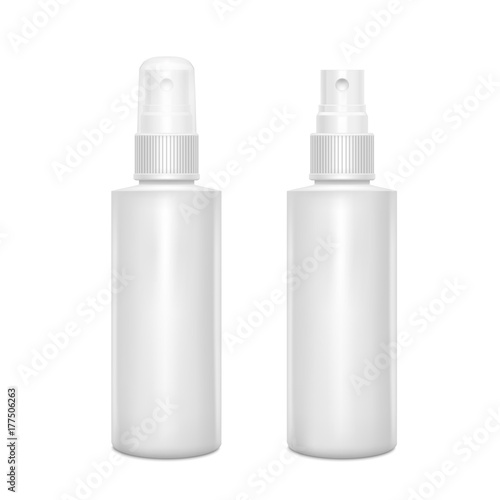 White Spray Bottles. Blank Mock Up for Presentation of Cosmetic Skin Care Product Design. Vector Isolated Illustration