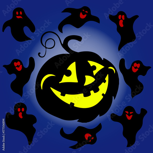 Holiday Halloween, Night illustration silhouette, glowing pumpkin and ghosts, cartoon