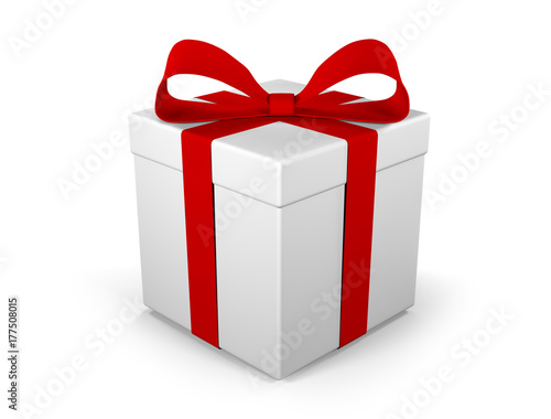 Gift box as a present with red ribbon bow isolated on white background.