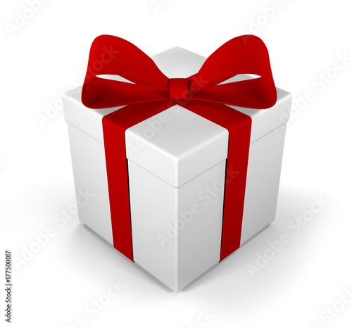 Gift box as a present with red ribbon bow isolated on white background