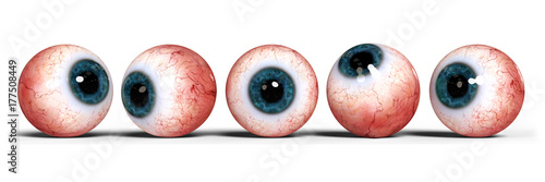 five realistic human eyes with blue iris, isolated on white background  photo