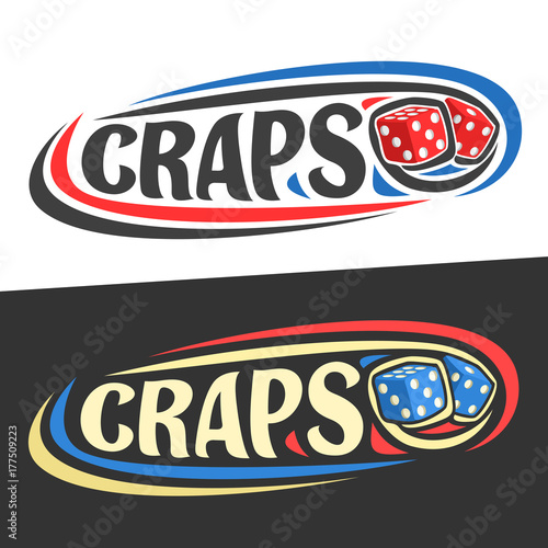 Vector logo for Craps gamble, flying on trajectory playing red dice cubes and handwritten word - craps on black, curved lines around original font for text - craps on white, gambling drawn decoration.
