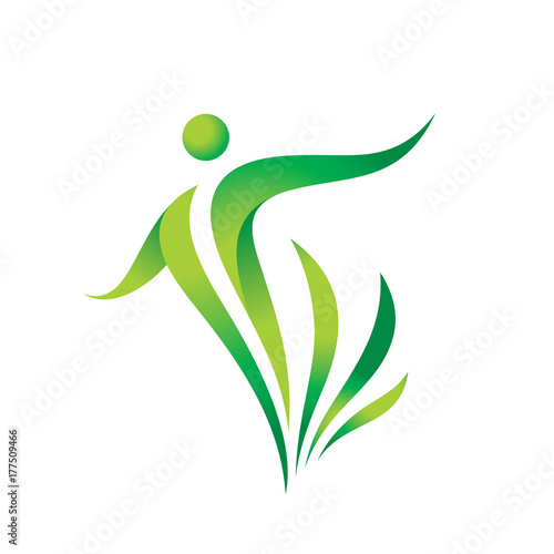 Green nature vector logo template. Health sign. Fitness woman concept illustration. Human character with leaves. Freedom icon. Design element. 