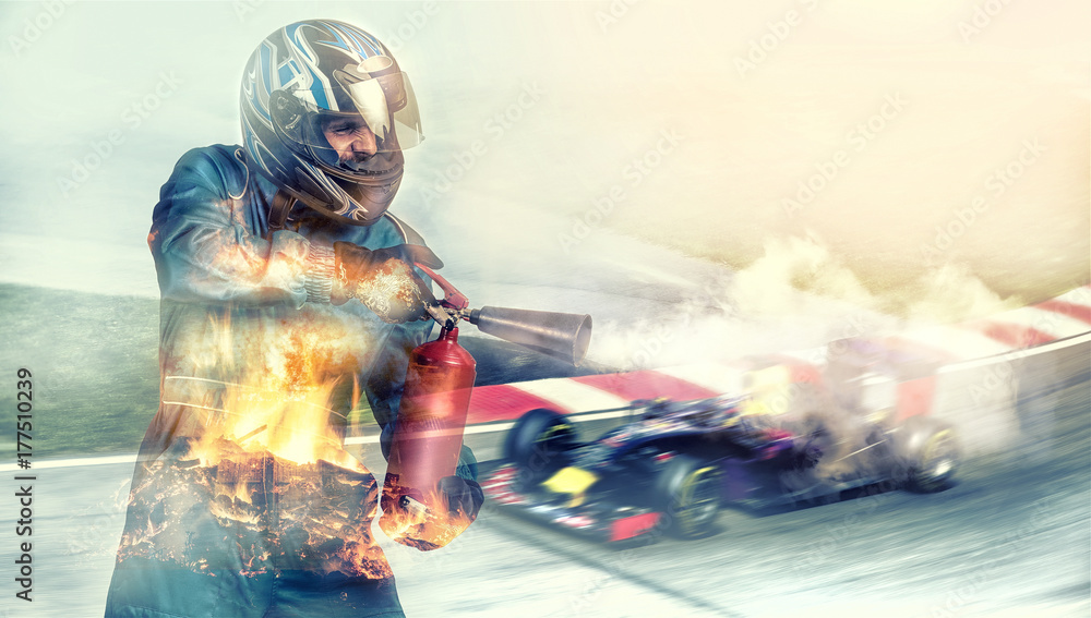 Obraz premium Kart crossing the finish line racer, fire
