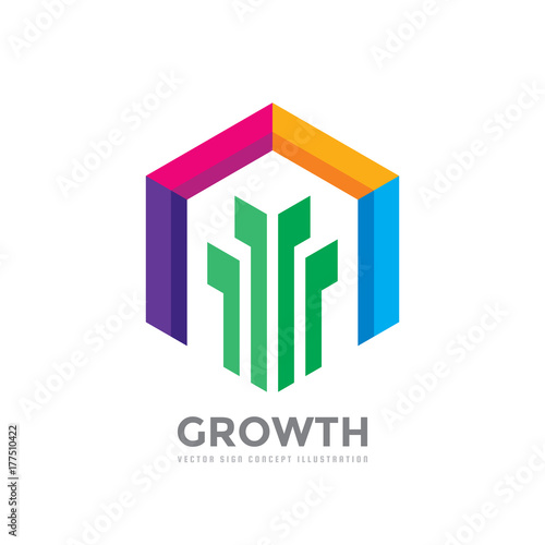 Growth - vector logo template concept illustration. Abstract colorful design elements. Nature sprout with green leaves in colored geometric structure. Positive icon. 