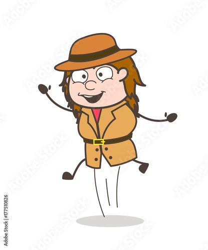 Jumping in Excitement - Female Explorer Scientist Cartoon Vector