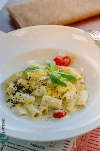 Italian food - rigatoni pasta with basil and black truffle.