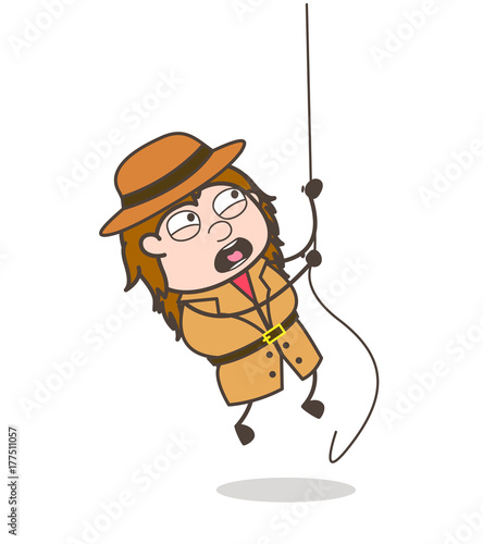 Climbing Rope in Fear - Female Explorer Scientist Cartoon Vector