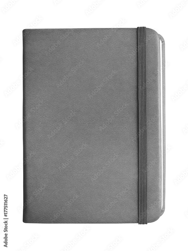 Black leather notebook with elastic band closure isolated on white background. Black leather notebook with elastic band closure isolated on white background.