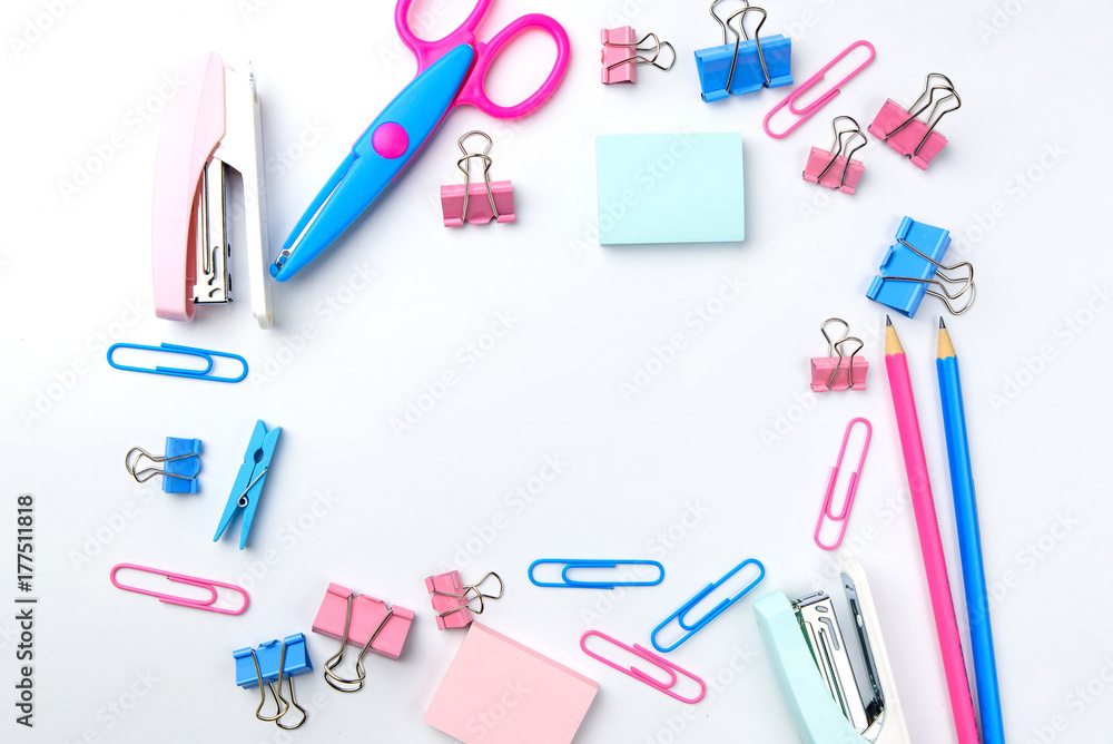 Stationary concept, Flat Lay top view Photo of school supplies scissors, pencils, paper clips,calculator,sticky note,stapler and notepad in pastel tone on white background with copy space, flat lay Stationary concept, Flat Lay top view Photo of school supplies scissors, pencils, paper clips,calculator,sticky note,stapler and notepad in pastel tone on white background with copy space, flat lay