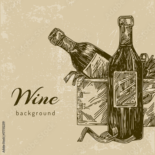 Vintage background.  Wine bottle and gift box. Engraving style . Vector illustration.