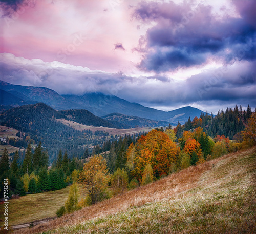 Mountain landscape of beautiful sunrise in the Ukrainian Carpathians