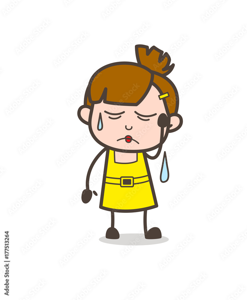 Depressed Face with Sweat on Face - Cute Cartoon Girl Vector