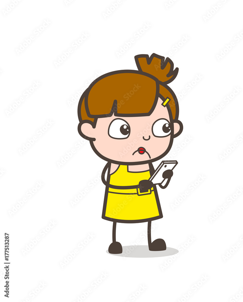Worried Kid Chatting on Mobile - Cute Cartoon Girl Vector Worried Kid Chatting on Mobile - Cute Cartoon Girl Vector